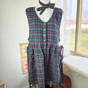 Vintage 90s Dark Academia Preppy Plaid Flannel Pinafore Dress